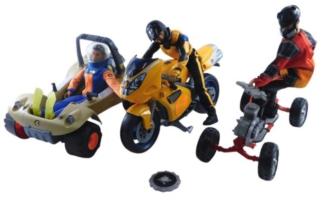 Three Action Man figures, a beige dune buggy, diver and mask Action Man, yellow bike, and red motorised skateboard. (3)