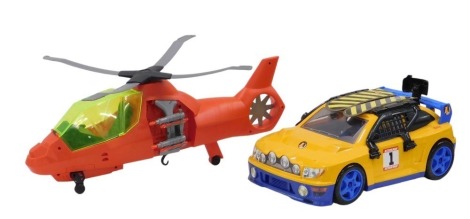 An Action Man orange helicopter, and yellow car with racing figure. (3)