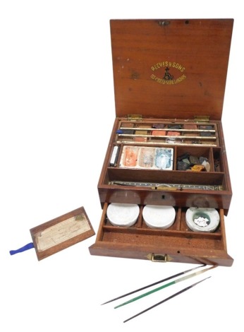 A 19thC Reeves & Sons artist's drawing set, comprising colour palette and various watercolours, in a mahogany fitted case, 7cm high, 23cm wide, 20cm deep.