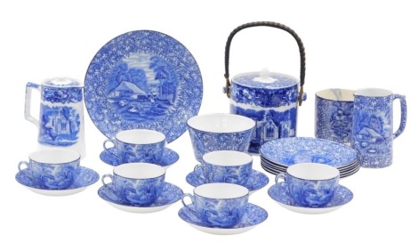 20thC blue and white wares, comprising Fenton china part tea service, comprising six tea cups, six saucers, six side plates, and one large plate, milk jug, sugar bowl, an C; Jones & Sons Abbey pattern blue and white biscuit barrel, and a George Jones & So