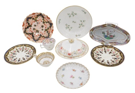 19thC and later ceramics, comprising a Derby Imari fluted bordered cabinet plat, 20cm diameter, a pair of Royal blue and rose transfer printed pattern plates, a Derby Potpourri jar and cover, with gilded decoration and roses, two gilded tea cups, Gaudy We