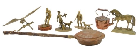 Copper and brass wares, comprising a copper warming pan, brass figure of a golfer, brass huntsman and dog, eagle on perch, horse door stop, poacher, and a small 19thC copper kettle. (7)