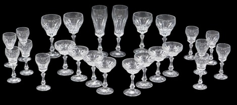 Various crystal drinking glasses, comprising eight sherry glasses, eight hock glasses, two Champagne flutes, and four wine glasses.