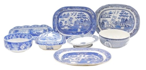 20thC blue and white wares, Copeland Spode centre bowl, Booths centre bowl, three graduated meat plates, tureen and cover, etc.