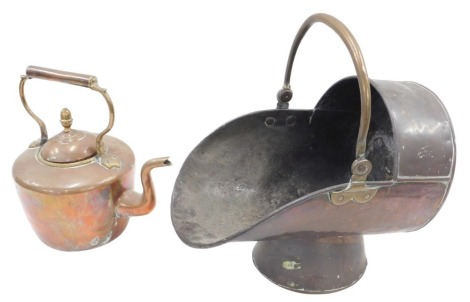 A copper coal scuttle and a copper kettle. (2)