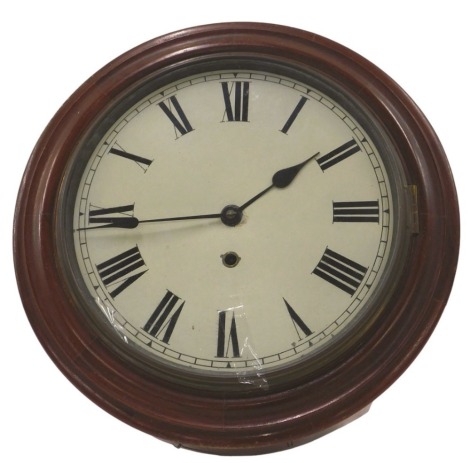 A 19thC mahogany cased railway clock, the painted Roman numeric dial, with thirty hour movement, 42cm diameter.