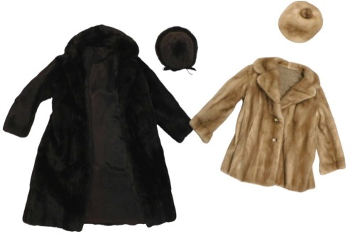 Two three quarter length fur coats, one bearing Furriers label, and two hats.