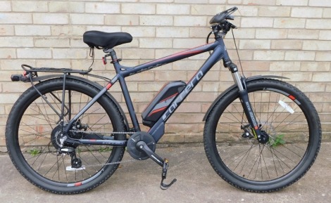 A Carrera Vengeance E spec gentleman's electric assisted bicycle, in black and black, grey and red livery, with some accessories.