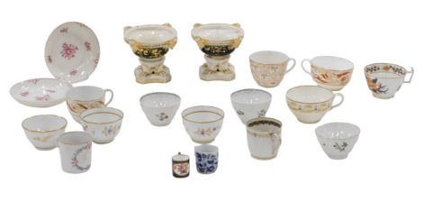 A 19thC and later ceramics, comprising a pair of Crown Derby comports, each on a royal blue ground and gilded, various tea cups, tea bowls, New Hall pin dish, Royal Doulton miniature tankard, etc. (1 tray, AF)