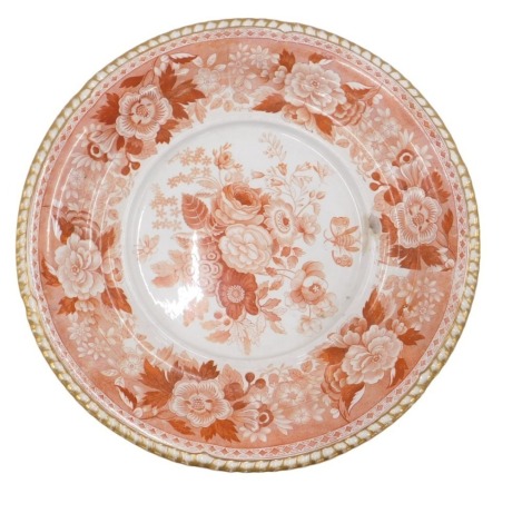 A Spode Imperial pattern charger, with gilded border on a terracotta rose ground, 33cm diameter. (AF)