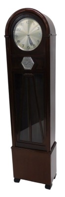 A 1930s Art Deco style eight-day longcase clock, in mahogany case, the silvered dial with Arabic numerals, and set with an aneroid barometer below, glazed lower case with chrome weights, pendulum, 90cm high.