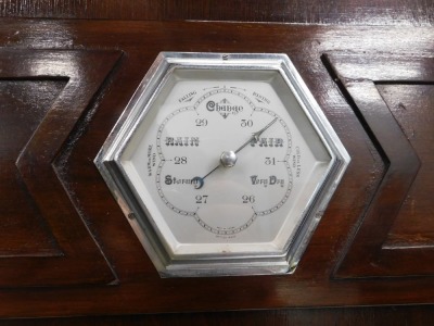 A 1930s Art Deco style eight-day longcase clock, in mahogany case, the silvered dial with Arabic numerals, and set with an aneroid barometer below, glazed lower case with chrome weights, pendulum, 90cm high. - 2