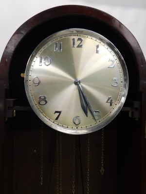 A 1930s Art Deco style eight-day longcase clock, in mahogany case, the silvered dial with Arabic numerals, and set with an aneroid barometer below, glazed lower case with chrome weights, pendulum, 90cm high. - 3