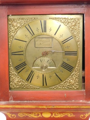 A George III longcase clock by W Barnard of Newark, with square brass dial having brass spandrels, Roman numerals to the chapter ring and subsidiary date dial, and signed W Barnard Newark, with thirty hour movement striking on a bell, in a red and gilt la - 2