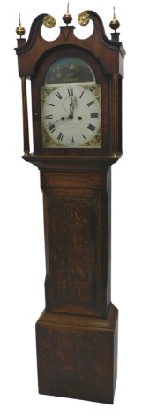 A George III longcase clock by Hewson of Lincoln, with eight-day movement, striking on a bell, the painted dial with a Continental scene of pilgrims in procession, with painted spandrels, subsidiary seconds dial, and signed Hewson Lincoln, with oak case, 