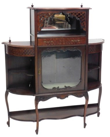 A 20thC mahogany side cabinet, with mirror back and open upper section, fitted with a drawer and glazed cabinet below to the centre section, with serpentine fronted side shelves, shelf below raised on French cabriole legs, 137cm high, 76cm wide.