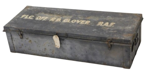 A mid 20thC black Japanned steel trunk, with carrying handles, the hinged lid inscribed FLG. OFF. RB Glover RAF, 107cm x 44cm x 27cm.