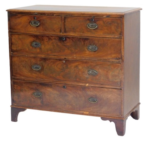 A George III figured mahogany chest, of two short and three long graduated drawers, with oval brass handles, having swag and ribbon decoration, raised on plain bracket feet, 102cm high, 108cm wide, 53cm deep.