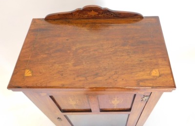 A Victorian rosewood side cabinet, with low gallery back, and enclosed by a single door, with plush lined shelves within, the door partially glazed, with two inlaid panels, on pot castors, 98cm high, 57cm wide, 35cm deep. - 4