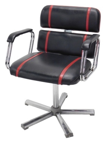 A 1970s chrome framed and black vinyl swivel chair, with open arms and twin padded back, with red stripes.