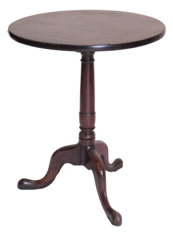 A 19thC mahogany circular tripod table, with tilt top, and slender turned tapered column, and plain legs, 58cm diameter.