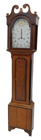 A mid 19thC longcase clock by C. Johnson, Grantham, the painted arched dial with Roman numerals, eight-day movement, in oak and mahogany cross banded case, 107cm high.