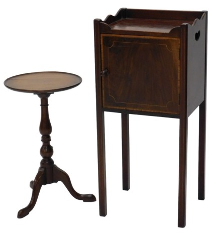 A Sheraton style inlaid mahogany pot cupboard, with gallery top, single door and slender square legs, and a small mahogany Georgian style wine table. (2)