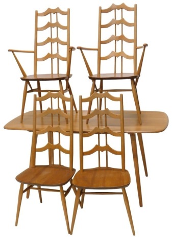 An Ercol elm and beech dining room suite, comprising rectangular table, and a set of four bat's wing ladder back chairs, including two with arms.