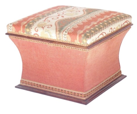 A mahogany framed box stool, with hinged lid upholstered in pattern chintz material, with tapered sides and square frame mahogany moulded base.