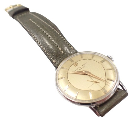 A Girard-Perregaux seventeen jewel movement gent's wristwatch, with a silver gilt batoned dial, and seconds dial, in stainless steel case stamped 16218, on later grey leatherette strap, the dial 2.5cm wide, boxed.