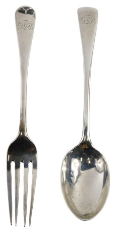 A Victorian child's cased fork and spoon set, with Old English pattern handles, bearing the initials DB, London 1898, 1.87oz, in fitted case.