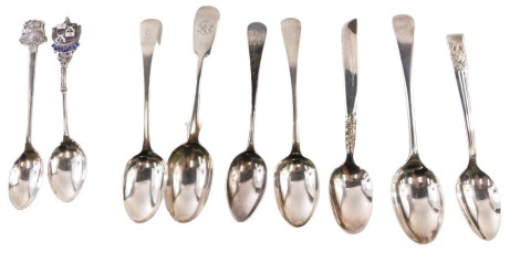 A collection of silver and other spoons, comprising a silver and enamel Durban souvenir spoon, a pair of Victorian silver fiddle pattern teaspoons engraved G, a Rothesay silver souvenir spoon, and two Victorian fiddle pattern teaspoons, 3.04oz, two Commun