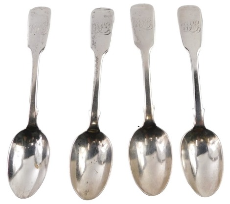 A set of four Victorian silver fiddle pattern teaspoons, each inscribed WSG, Charles Boyton, London 1868, 3.41oz.