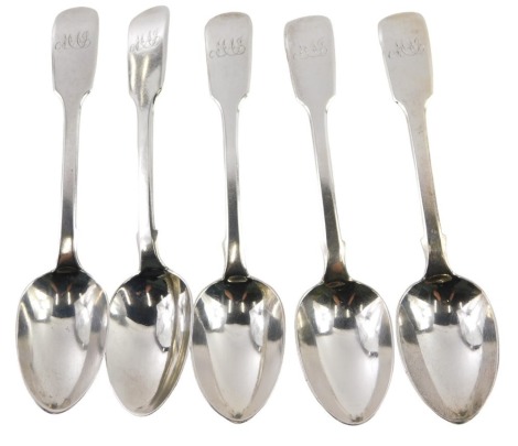 A set of five Victorian silver fiddle pattern teaspoons, each inscribed MAS, Charles Boyton, London 1868, 4oz.