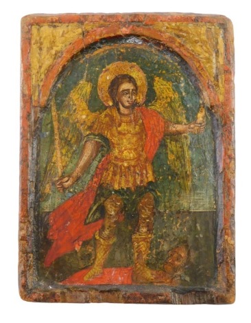 An 18thC religious icon, of The Archangel Gabriel, possibly Greek, painted on pine panel, 16.5cm x 12cm.