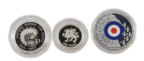 Three silver Royal Mint collectors coins, comprising The 50th Anniversary of The United Nations silver proof two pound coin, The 1995 United Kingdom silver proof one pound coin, and The Battle of Britain 75th Anniversary coin, two in boxes with certificat