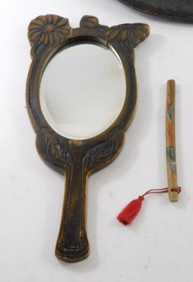 Art Nouveau style dressing table wares, comprising a wooden and pewter backed with turquoise emblem dressing table tray, mirror, and hand brush, and a bamboo cased Kapeni knife, the tray 36cm diameter. - 2