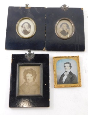 Four 19thC and later portrait miniatures, comprising a pair of miniatures depicting gentleman with long hair and dress, 4cm x 3cm, in ebonised frame with Scottish thistle hangers, a print of a lady, 7.5cm x 6cm, and a coloured photograph. (4)