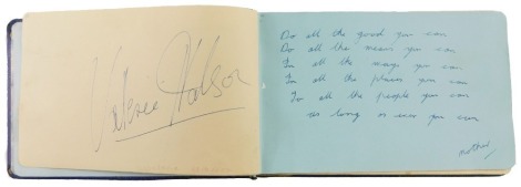 A 20thC autograph album, to include messages and autographs from Valerie Hobson, Max Miller, Chris Barber, Ottiliet Patterson, Peter Haddison, and others.