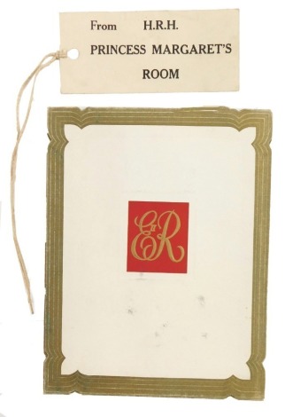 Royal Family Interest. A HM Elizabeth II 1953 Lullingstone silk presentation tassel, and a HRII Prince Margaret's room tag, believed to be from when The Royal Family moved from Piccadilly to Buckingham Palace. (2)