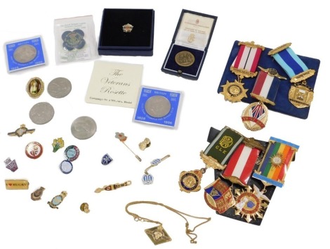 A group of Masonic and other regalia medals, comprising The Royal Standard Lodge RAB 120th anniversary badge, The Royal Standard Lodge 24 Nemo Mortalium Omnibus Horace Sapit, VE/VJ Day badge, various other club badges RAF, Royal British Legion, and others