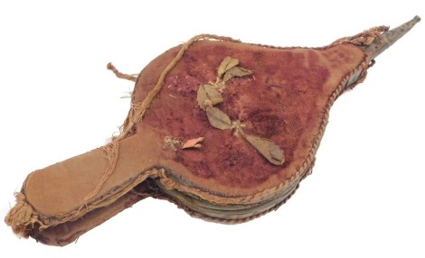 A pair of Victorian leather bellows, with plush covers, 38cm long. (AF)