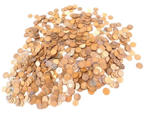 A large quantity of one penny pieces, mainly 1960s and later. (1 tin)