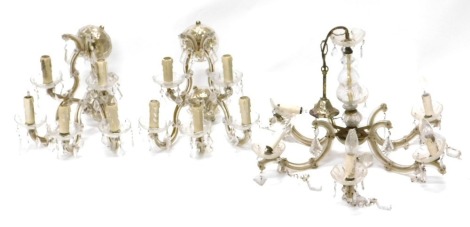 Various wall lights, comprising two crystal sconce wall lights, 15cm deep, 21cm high, and a six branch hanging chandelier, 39cm high, 53cm wide. (3)