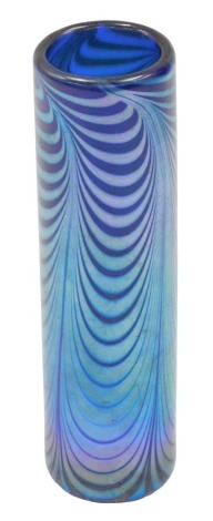 A Iridescent blue glass stem vase, with metallic blue swirl decoration, 18cm high, marked to underside, 82LSC56.