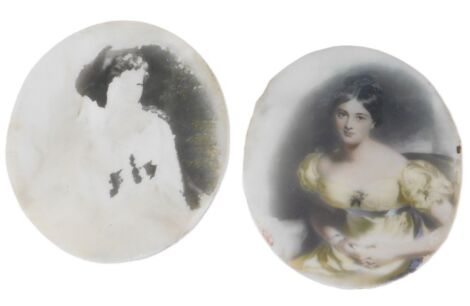 Two 20thC portraits, each on ceramic back, over painted with watercolour, one depicting female in yellow dress, 10cm x 9cm, and another heavily worn. (2)