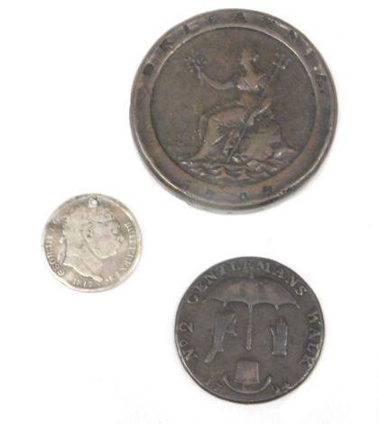 A George III cartwheel penny, dated 1797, a number two gentleman's walk 1794 collector's coin, and a George III silver coin rubbed. (3)