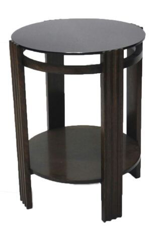 A 1930s style oak circular occasional table, with black vitrolite circular top, reeded legs with under shelf, 45cm diameter, 61cm high.