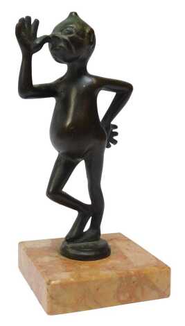 A bronze cock-o-snook car mascot, mounted on a marble base, 16cm high.