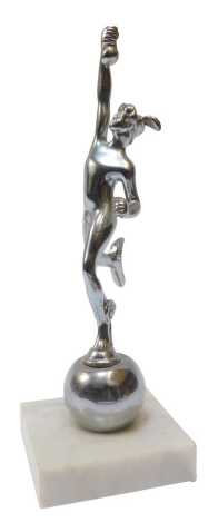 A chrome car mascot, modelled as Mercury, on a marble base, 23cm high.